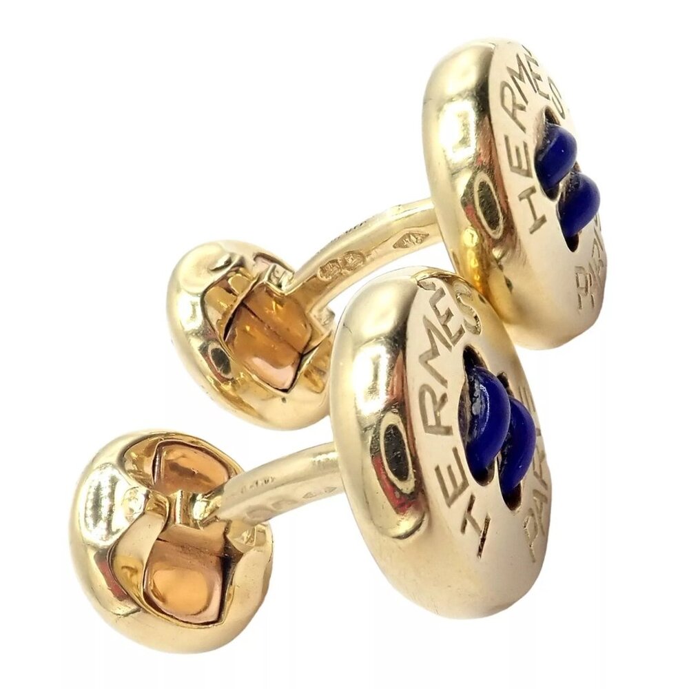 Rare! Vintage Authentic Hermes Paris 18k Yellow Gold Mens Lapis Button Cufflinks - Picture 11 of 11